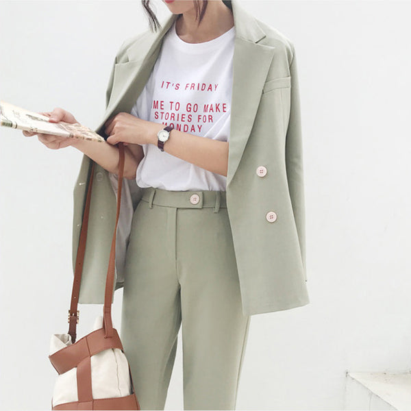 Spring Vintage Double Breasted Women Pant Suit Light Gr