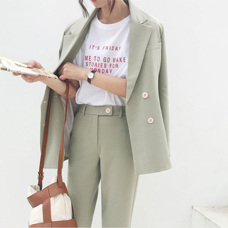 Spring Vintage Double Breasted Women Pant Suit Light Gr