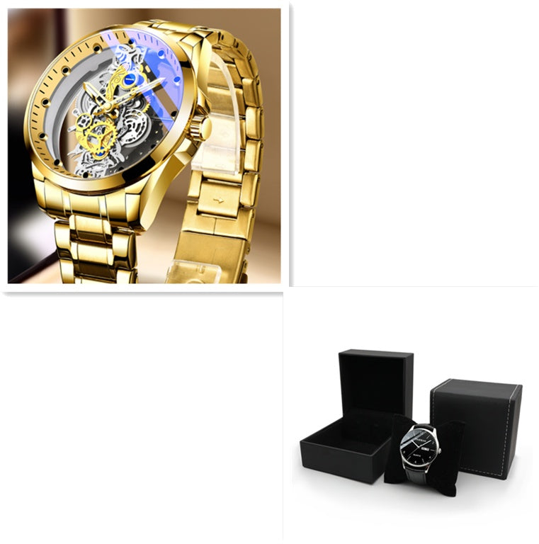 Men Watch Skeleton Automatic Quartz Watch Gold