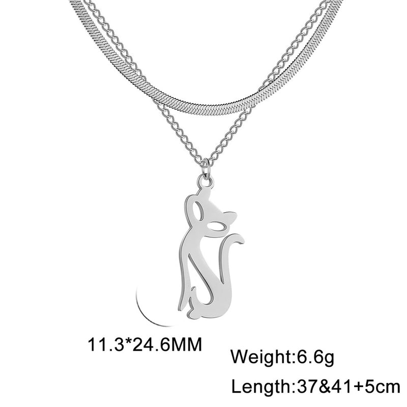 Unift Double Layer Stainless Steel Necklace For Woman Snake Chain Animal Bear Fox Dolphin Dog Pendant Fashion Jewelry Accessory