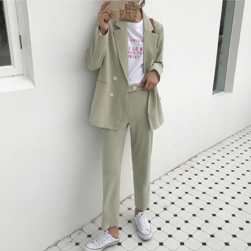 Spring Vintage Double Breasted Women Pant Suit Light Gr