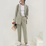 Spring Vintage Double Breasted Women Pant Suit Light Gr