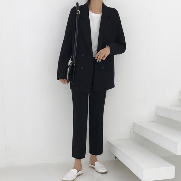 Spring Vintage Double Breasted Women Pant Suit Light Gr